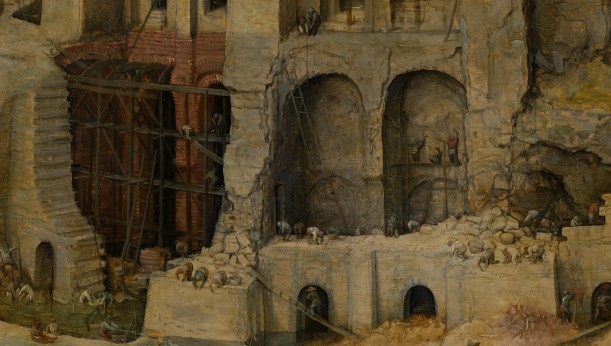 Brueghel képének egy részlete ami azt mutatja, hogy a bábeli torony alja jobban omlik, mint ahogy épül a teteje. A hanyatlást elfedi az építés látszata...