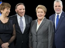 Miniszterelnök-jelöltek, balról jobbra: Francoise David (radikálbaloldal), Francois Legault (jobboldal), Pauline Marois (baloldal), Philippe Couillard (liberalis)