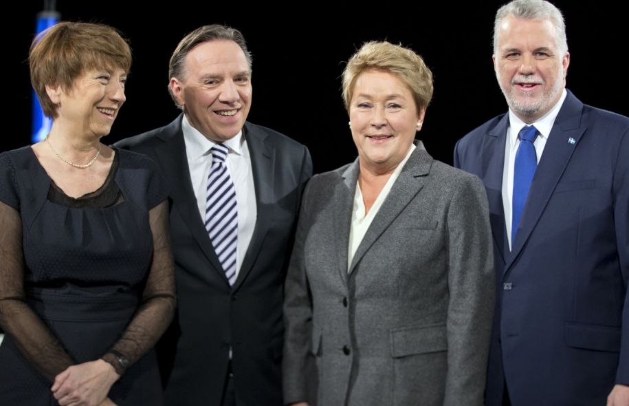 Miniszterelnök-jelöltek, balról jobbra: Francoise David (radikálbaloldal), Francois Legault (jobboldal), Pauline Marois (baloldal), Philippe Couillard (liberalis)
