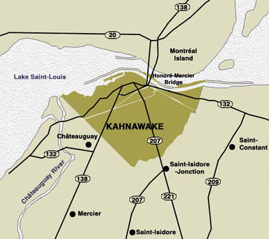 Kahnawake területe. A rezervátum Montreáltól közvetlenül délre fekszik. 