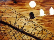 Kávé babból készült illusztráció. Over the fence / The Refugee Art Project.