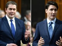 Andrew Scheer konzervatív miniszterelnök-jelölt és Justin Trudeau liberális kormányfő.